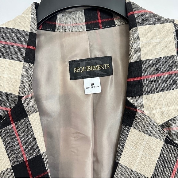 90s Vintage Requirements Linen Khaki Black Beige Red Checked Blazer Jacket Sz 10 - Picture 3 of 14